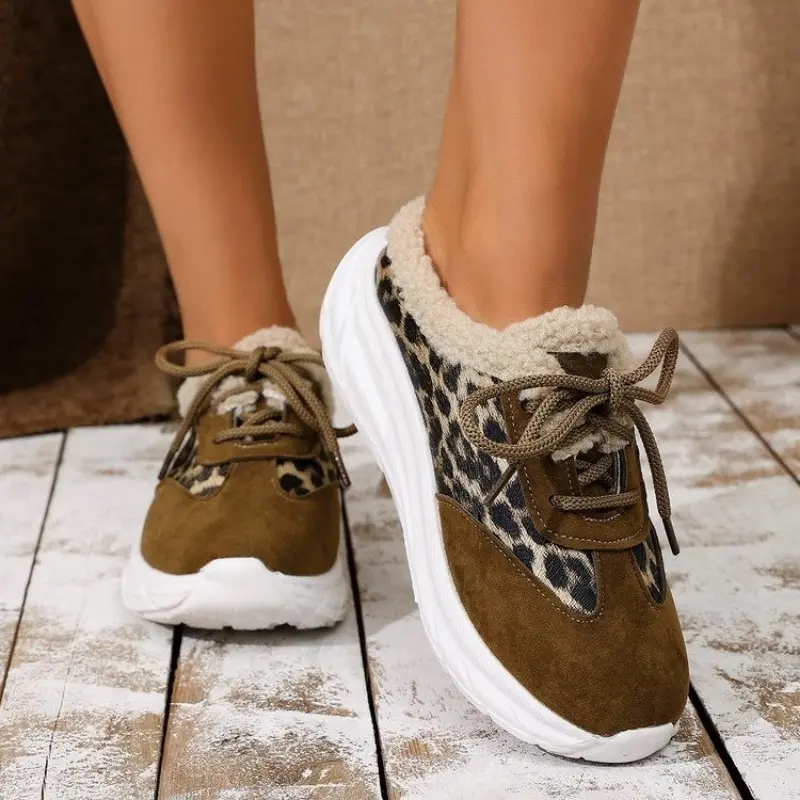 Women's Baotou Slippers Winter New Round Head Leopard Print Splicing Front Strap Thick Sole Non-slip Cotton Boots