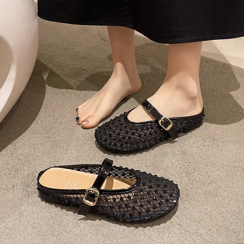 Spring New Baotou Slippers Women's Fashion Round Head Shallow Mouth Glitter Mesh Soft Soled Non-slip Flat Shoes