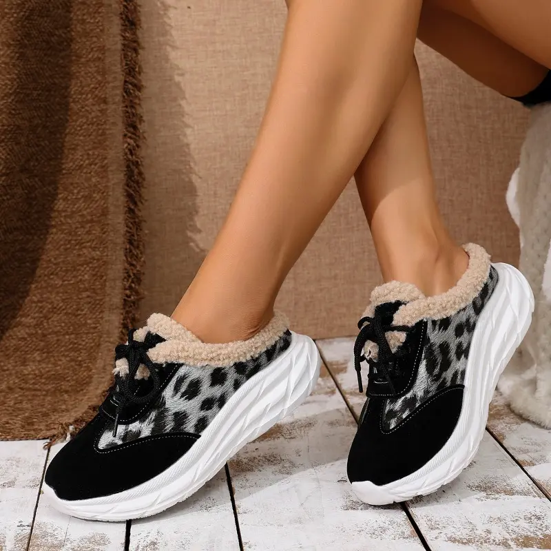 Women's Baotou Slippers Winter New Round Head Leopard Print Splicing Front Strap Thick Sole Non-slip Cotton Boots
