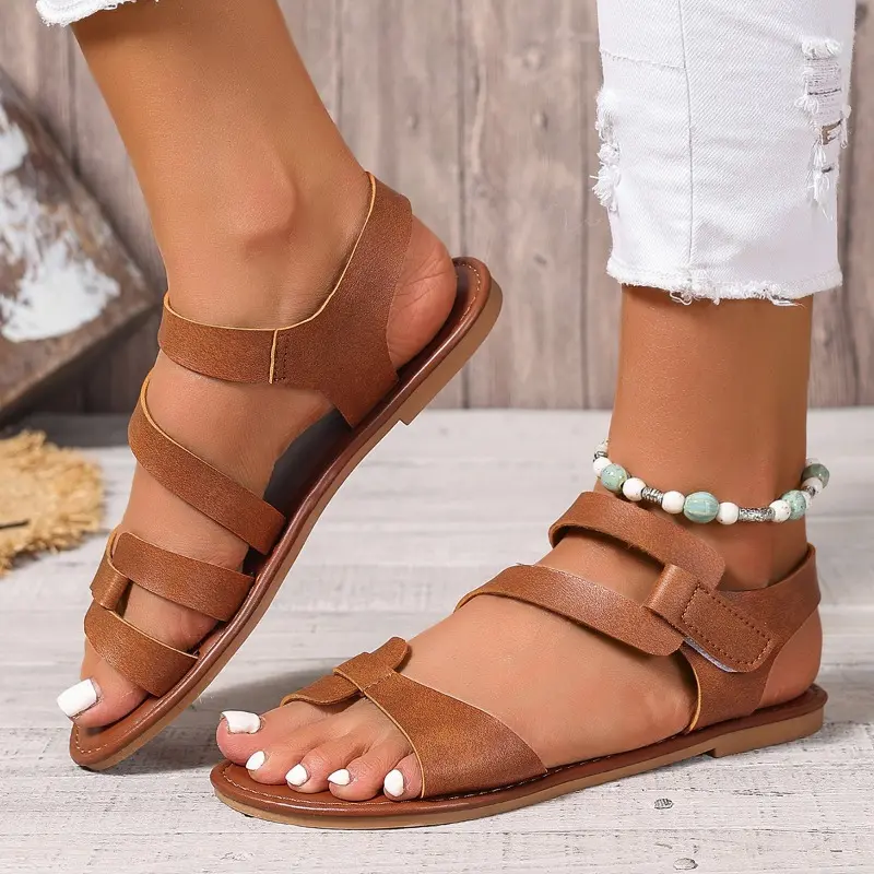 Summer New Sandals Women Fashion Round Head Open Toe Breathable Color Word with Soft Soles Anti-slip Wear-resistant Flat Shoes