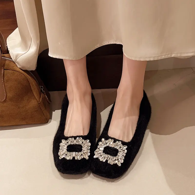Women's Flat Cotton Boots Winter New Square Head Shallow Mouth Crystal Buckle Soft Sole Anti-slip Wear-resistant Low-top Shoes