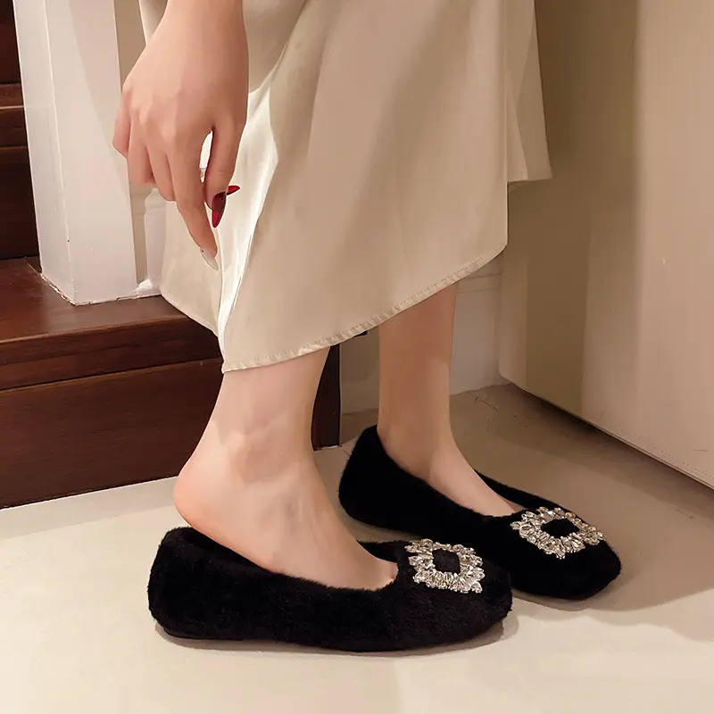 Women's Flat Cotton Boots Winter New Square Head Shallow Mouth Crystal Buckle Soft Sole Anti-slip Wear-resistant Low-top Shoes