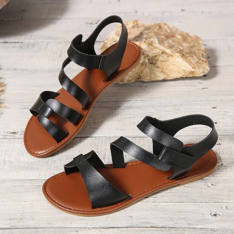 Summer New Sandals Women Fashion Round Head Open Toe Breathable Color Word with Soft Soles Anti-slip Wear-resistant Flat Shoes
