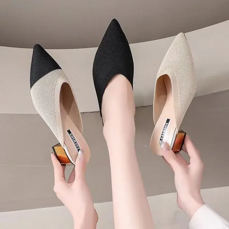 Baotou Semi-slippers Women's Spring and Summer New Pointed-toe Breathable Lazy Mid-heel Sandals