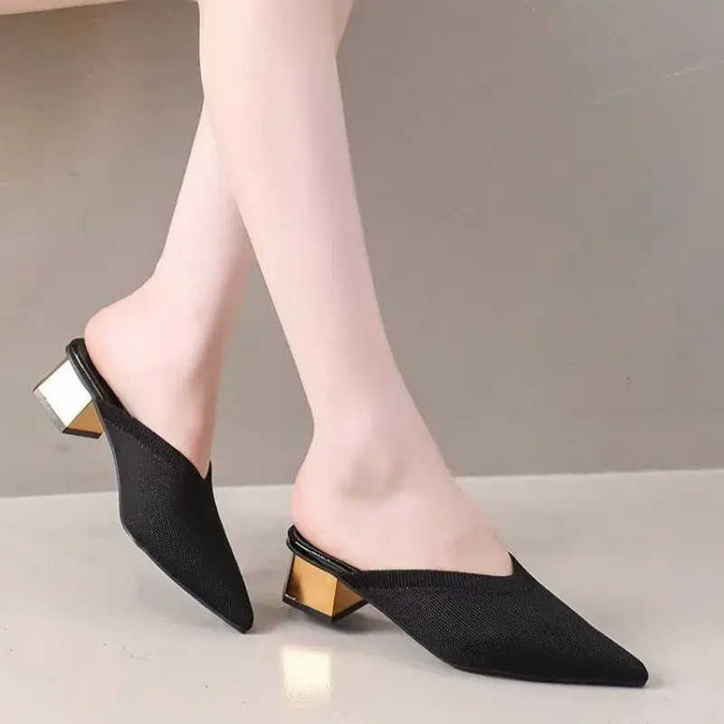 Baotou Semi-slippers Women's Spring and Summer New Pointed-toe Breathable Lazy Mid-heel Sandals