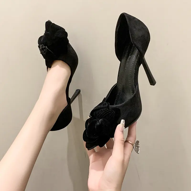 Women's Fashion Slim Heel Shoes Spring New Pointed Head Shallow Mouth Suede Flower Slip-on Wear-resistant High Heels