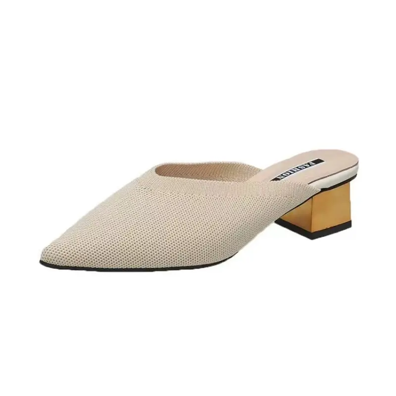 Baotou Semi-slippers Women's Spring and Summer New Pointed-toe Breathable Lazy Mid-heel Sandals