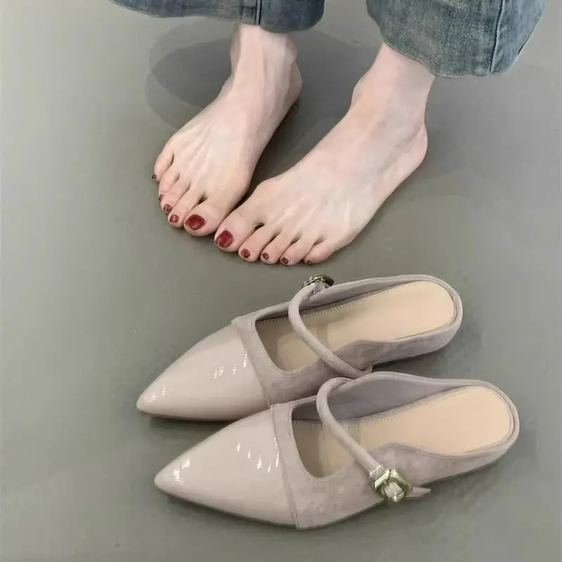 Low Heel Baotou Slippers Summer New Pointed Head Splicing Flannelette Metal Buckle Anti-slip Wear-resistant Flat Shoes