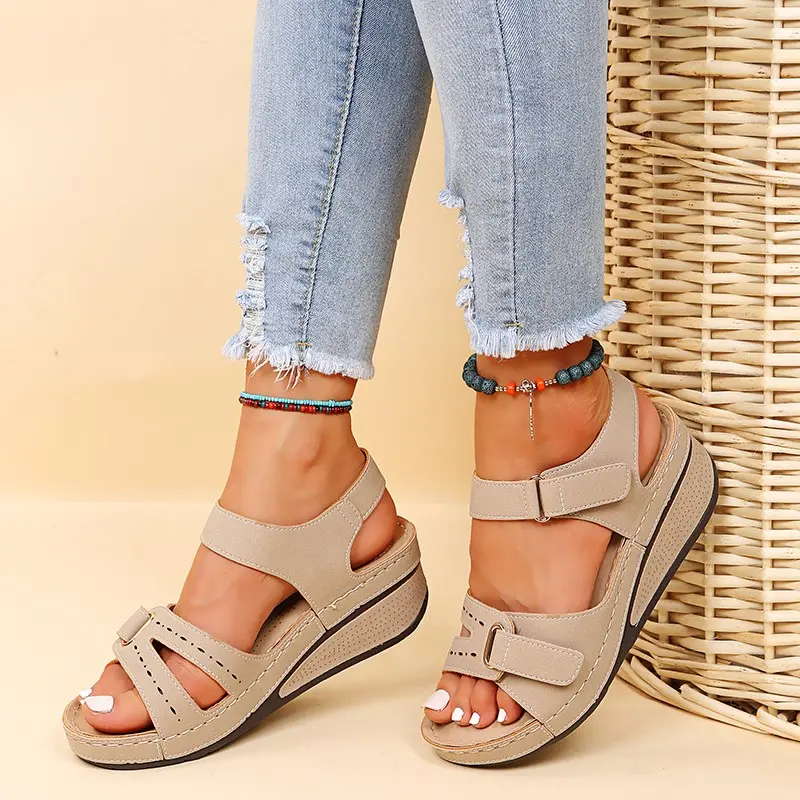 Women's Fashion Slope Heel Sandals Summer New Round Head Open Toe Thick Soles Anti-slip Wear-resistant Heel Shoes