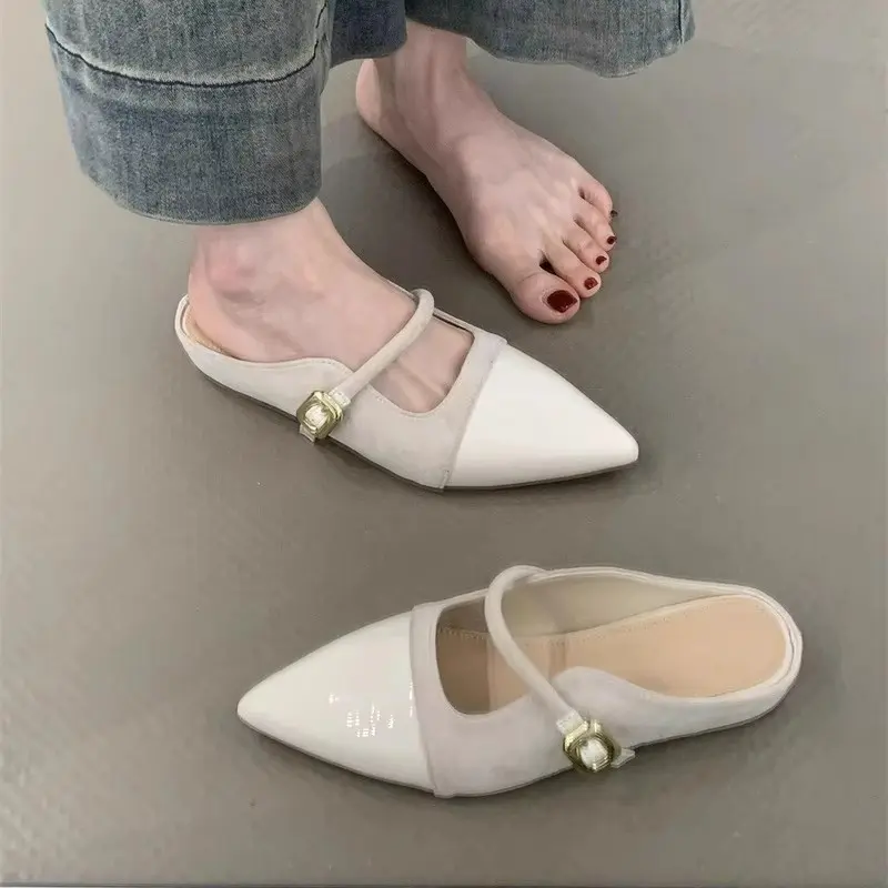 Low Heel Baotou Slippers Summer New Pointed Head Splicing Flannelette Metal Buckle Anti-slip Wear-resistant Flat Shoes