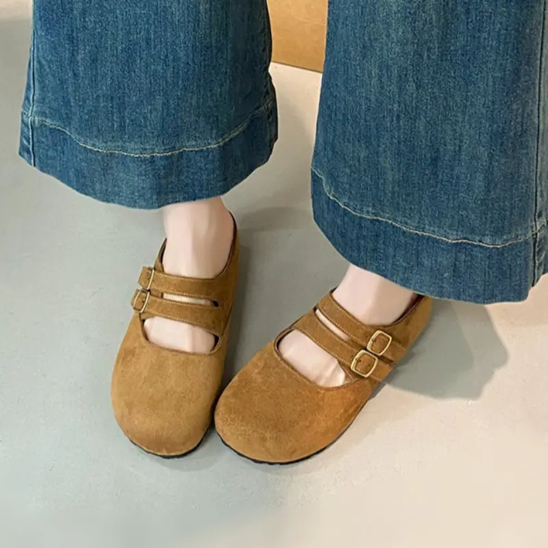 Baotou Slippers Spring New Style Round Head Shallow Mouth Cow Suede Cover Foot Anti-slip Wear-resistant Flat Shoes