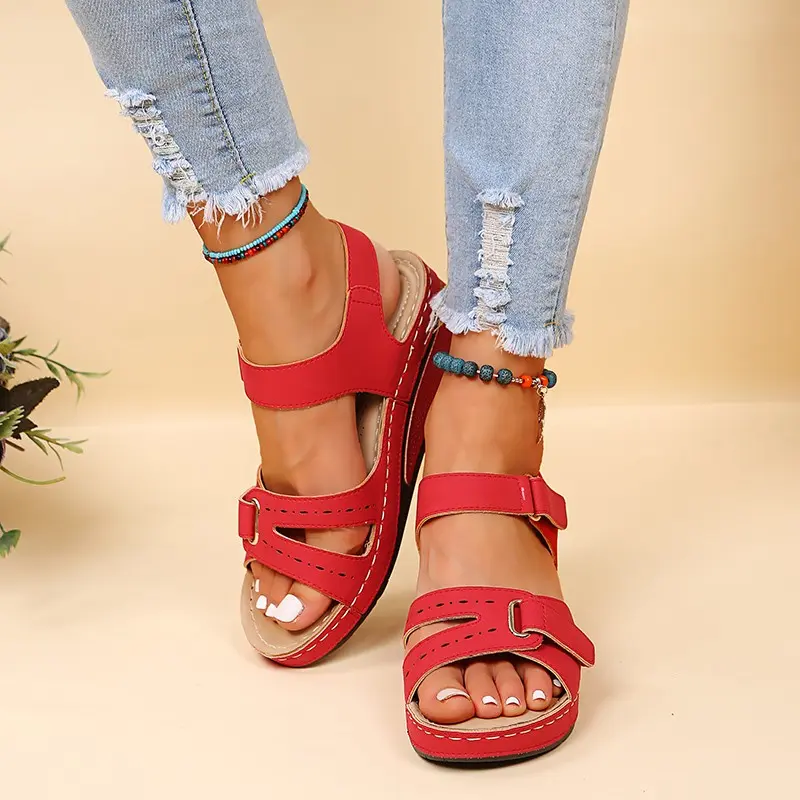 Women's Fashion Slope Heel Sandals Summer New Round Head Open Toe Thick Soles Anti-slip Wear-resistant Heel Shoes