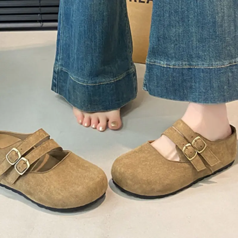 Baotou Slippers Spring New Style Round Head Shallow Mouth Cow Suede Cover Foot Anti-slip Wear-resistant Flat Shoes