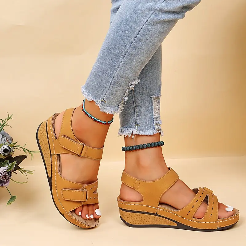 Women's Fashion Slope Heel Sandals Summer New Round Head Open Toe Thick Soles Anti-slip Wear-resistant Heel Shoes