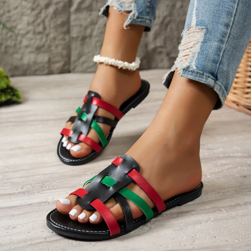 Summer New Flat Shoes Women Fashion Round Head Open Toe Thin Ribbon Woven Hollow Soft Sole Anti-slip Wear-resistant Slippers