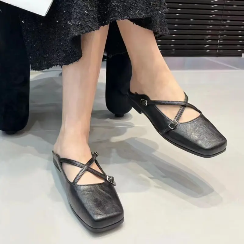 Spring New Baotou Slippers Women's Square Head Shallow Mouth Word with Soft Sole Anti-slip Wear-resistant Flat Shoes