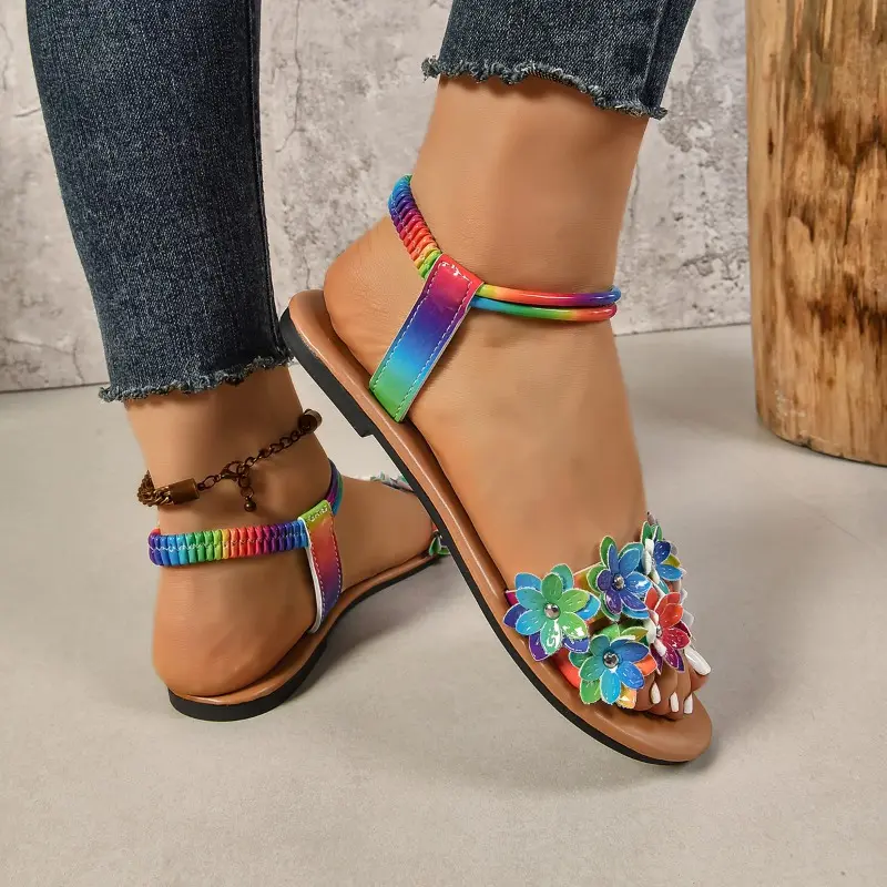 Plus Size Flat Sandals Spring Summer New Round Toe Open Toe Colorful Flower Studded Soft Sole Non-Slip Roman Shoes