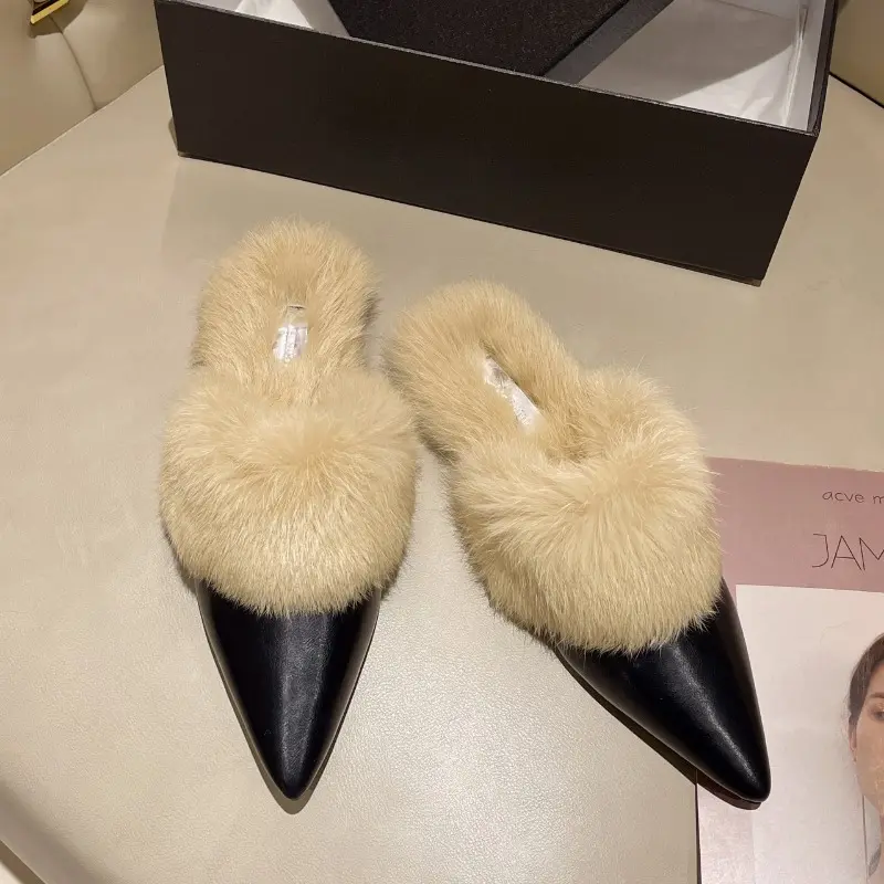 Winter New Baotou Slippers Women's Fashion Pointed Head Plus Fleece Slip-on Soft Soles Non-slip Comfortable Flat Shoes