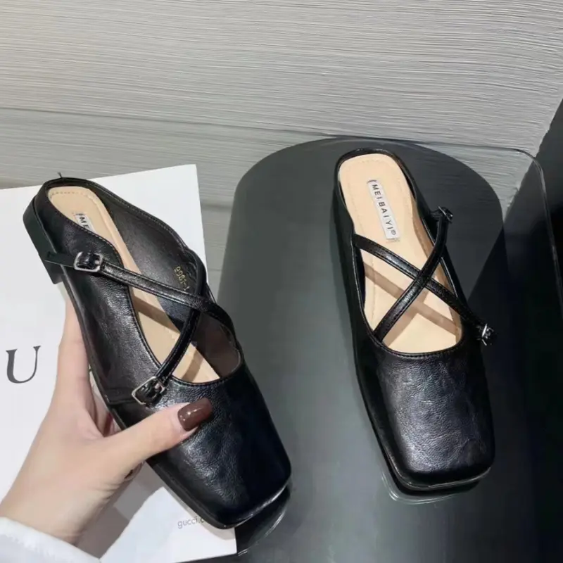 Spring New Baotou Slippers Women's Square Head Shallow Mouth Word with Soft Sole Anti-slip Wear-resistant Flat Shoes