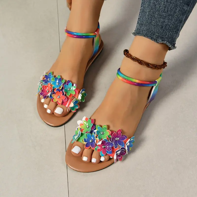 Plus Size Flat Sandals Spring Summer New Round Toe Open Toe Colorful Flower Studded Soft Sole Non-Slip Roman Shoes