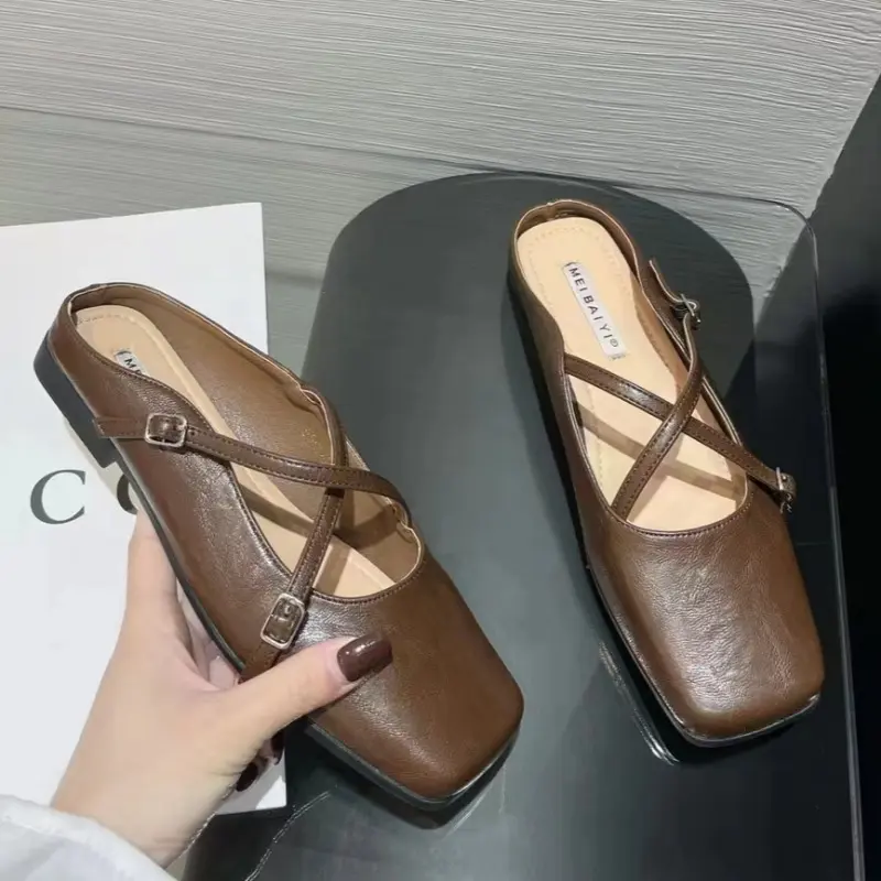 Spring New Baotou Slippers Women's Square Head Shallow Mouth Word with Soft Sole Anti-slip Wear-resistant Flat Shoes