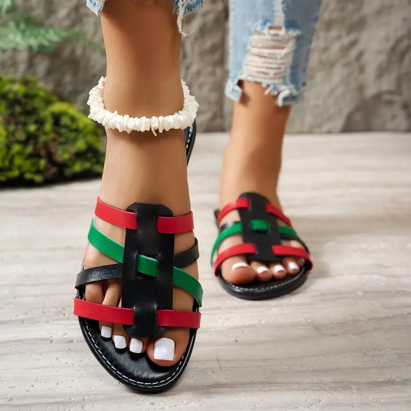 Summer New Flat Shoes Women Fashion Round Head Open Toe Thin Ribbon Woven Hollow Soft Sole Anti-slip Wear-resistant Slippers