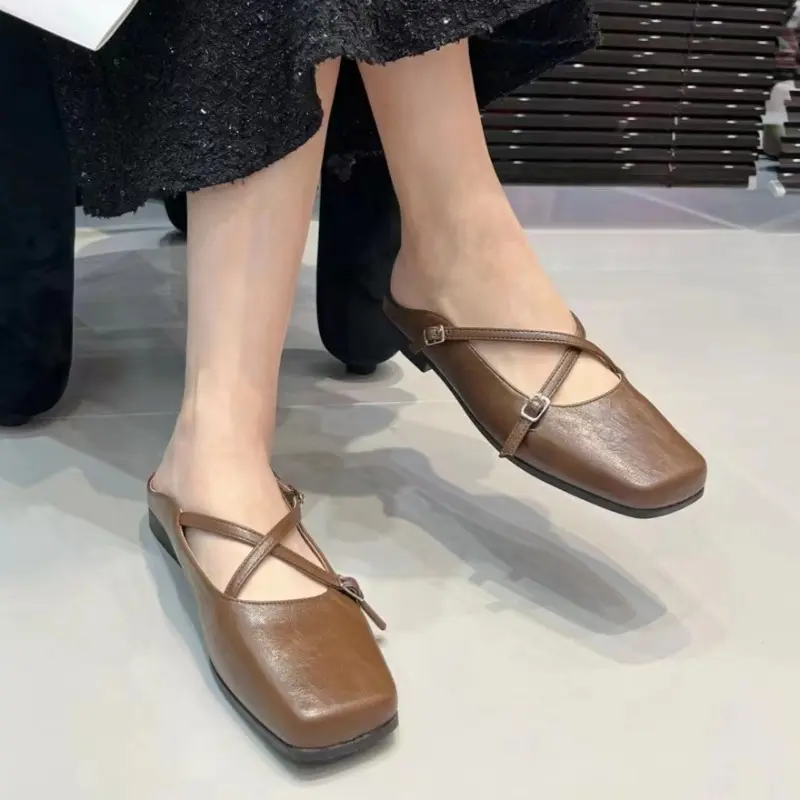 Spring New Baotou Slippers Women's Square Head Shallow Mouth Word with Soft Sole Anti-slip Wear-resistant Flat Shoes