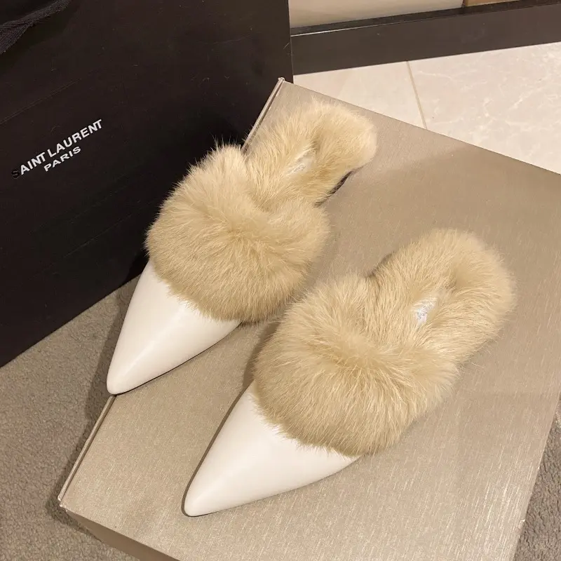 Winter New Baotou Slippers Women's Fashion Pointed Head Plus Fleece Slip-on Soft Soles Non-slip Comfortable Flat Shoes