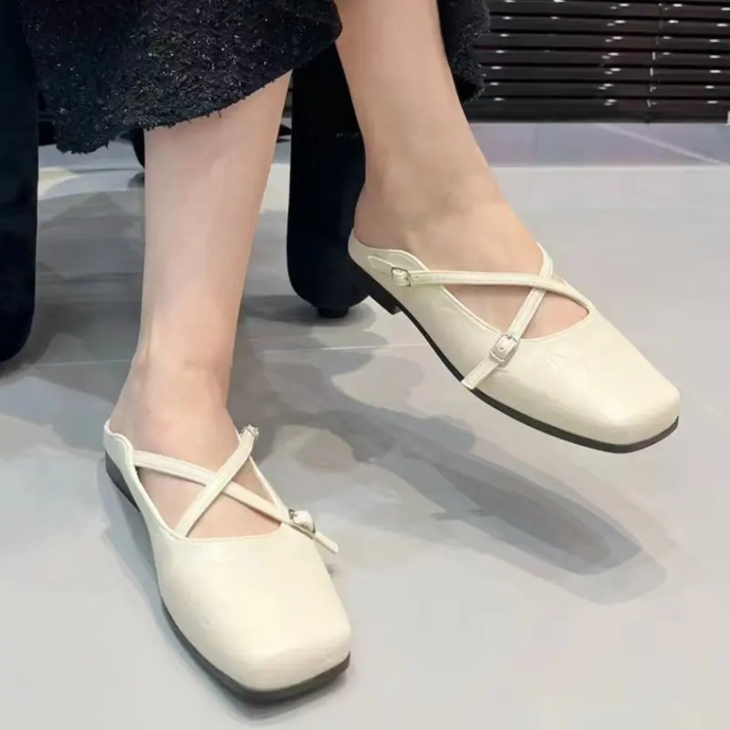 Spring New Baotou Slippers Women's Square Head Shallow Mouth Word with Soft Sole Anti-slip Wear-resistant Flat Shoes