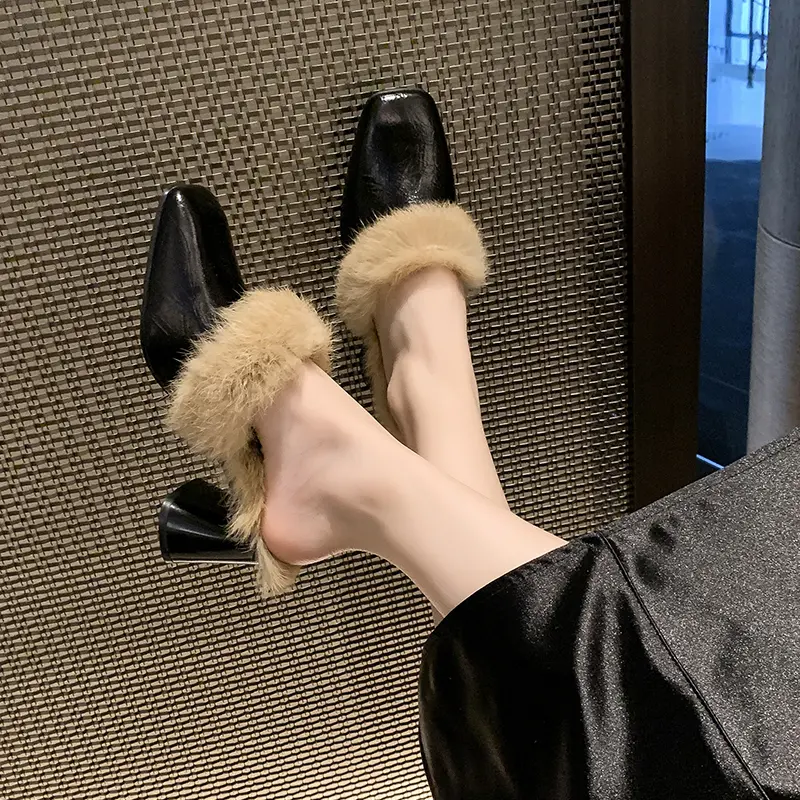 Women's New Winter Baotou Slippers Fashion Square Head Deep Mouth Anti-slip Wear Coarse Cotton Drag