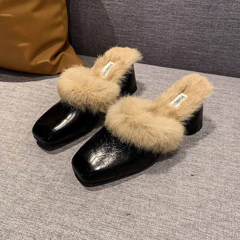 Women's New Winter Baotou Slippers Fashion Square Head Deep Mouth Anti-slip Wear Coarse Cotton Drag