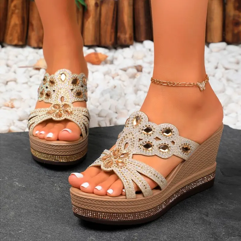 Women's Slope Heel Slippers Summer New Round Head Open Toe Hollow Thick Sole Non-slip High-heeled Sandals