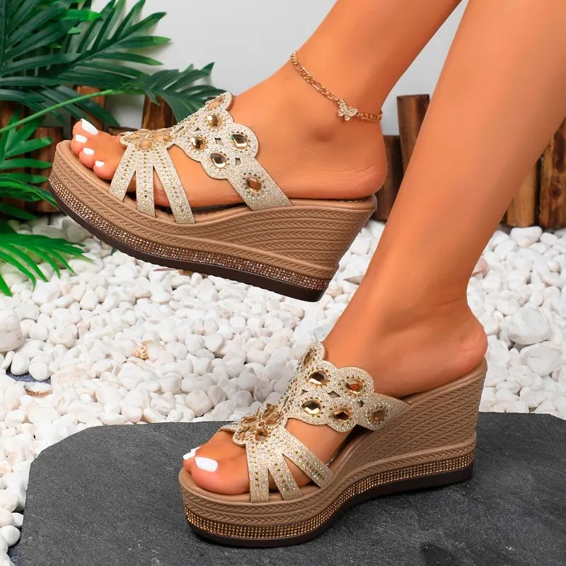 Women's Slope Heel Slippers Summer New Round Head Open Toe Hollow Thick Sole Non-slip High-heeled Sandals