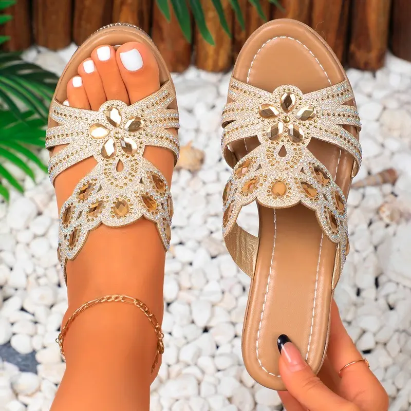 Women's Slope Heel Slippers Summer New Round Head Open Toe Hollow Thick Sole Non-slip High-heeled Sandals