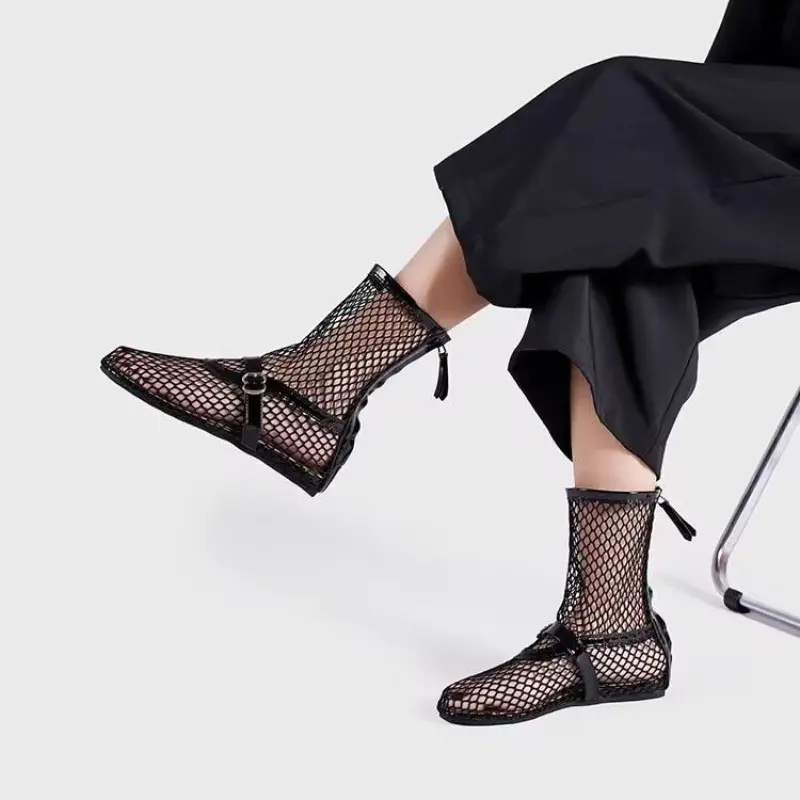 Women's Fashion Sandals Summer New Round Head Net Fabric Hollow After Zipper Soft Low Anti-slip Wear-resistant Flat Shoes