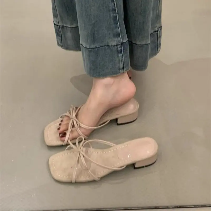Women's Slippers New French Square Toe Fashion Bow Open Toe Cross Slim Strap Temperament Flip-Flop Sandals