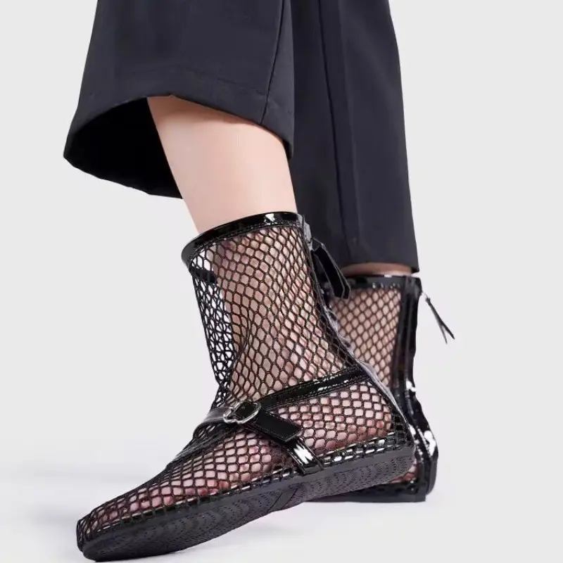 Women's Fashion Sandals Summer New Round Head Net Fabric Hollow After Zipper Soft Low Anti-slip Wear-resistant Flat Shoes