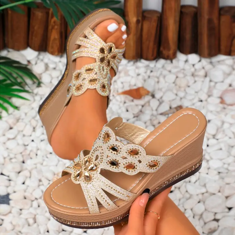 Women's Slope Heel Slippers Summer New Round Head Open Toe Hollow Thick Sole Non-slip High-heeled Sandals