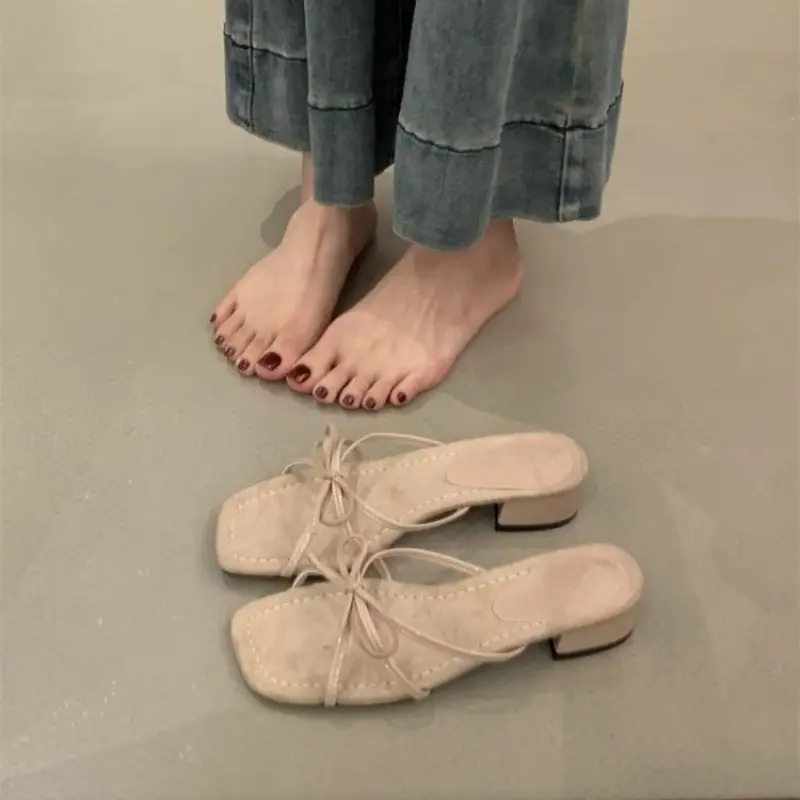 Women's Slippers New French Square Toe Fashion Bow Open Toe Cross Slim Strap Temperament Flip-Flop Sandals