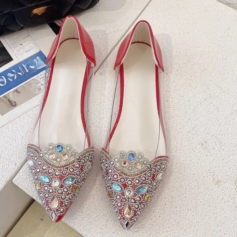 Women's Summer Rhinestone Transparent Single Shoes New Pointed Toe Shallow Mouth Slip-on Anti-Slip Wear-Resistant Flats