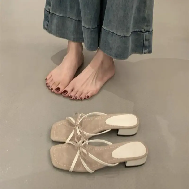 Women's Slippers New French Square Toe Fashion Bow Open Toe Cross Slim Strap Temperament Flip-Flop Sandals