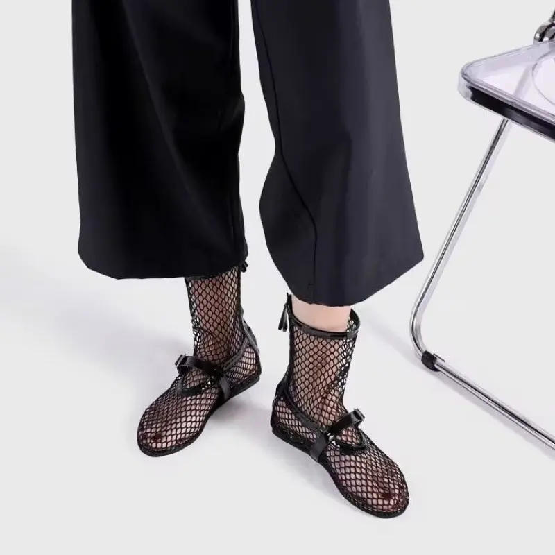 Women's Fashion Sandals Summer New Round Head Net Fabric Hollow After Zipper Soft Low Anti-slip Wear-resistant Flat Shoes