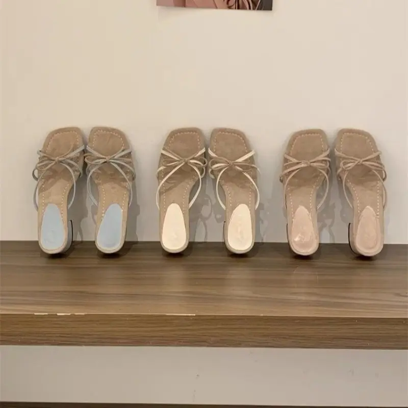 Women's Slippers New French Square Toe Fashion Bow Open Toe Cross Slim Strap Temperament Flip-Flop Sandals