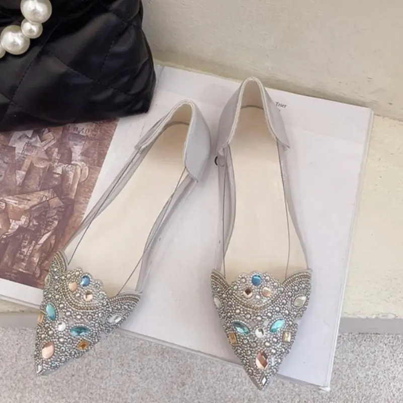Women's Summer Rhinestone Transparent Single Shoes New Pointed Toe Shallow Mouth Slip-on Anti-Slip Wear-Resistant Flats