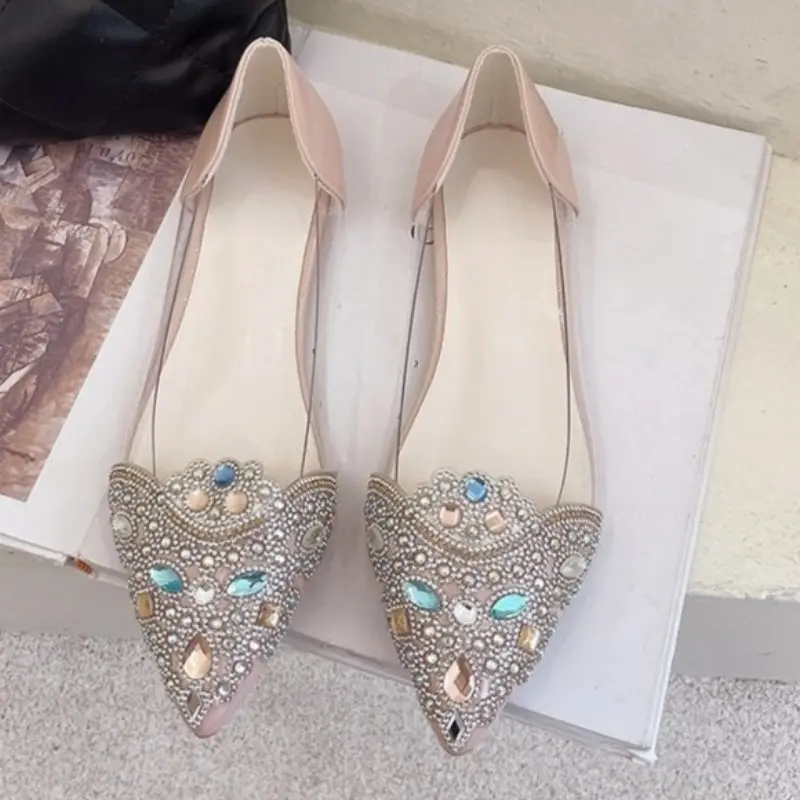 Women's Summer Rhinestone Transparent Single Shoes New Pointed Toe Shallow Mouth Slip-on Anti-Slip Wear-Resistant Flats
