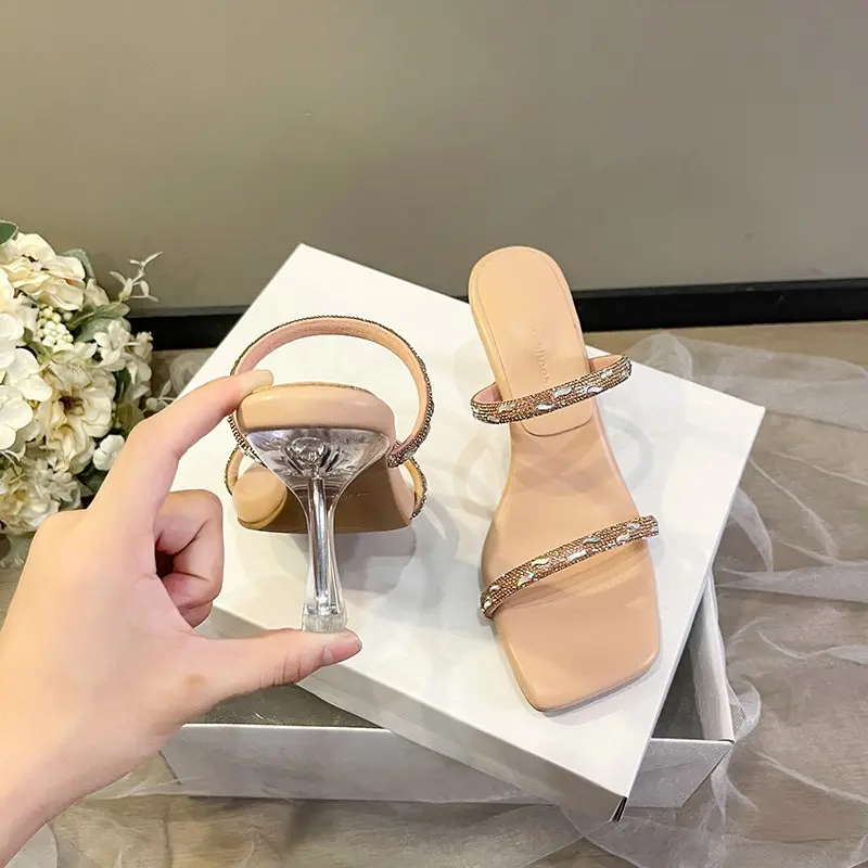 Women's Block Heel Slippers Women's Summer New Vintage Suede Square Toe Square Heel Strap Sandals