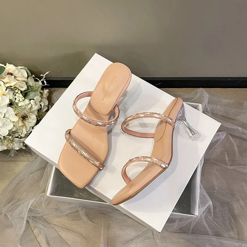 Women's Block Heel Slippers Women's Summer New Vintage Suede Square Toe Square Heel Strap Sandals