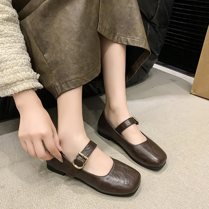 Women's Flat Shoes Autumn New Square Head Shallow Mouth Line with Soft Sole Anti-slip Wear-resistant Single Shoes