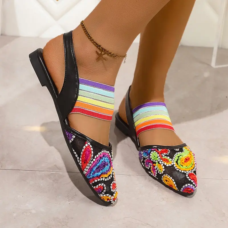 New Retro National Style Embroidery Embroidered Sandals Summer Pointed Head Shallow Mouth Soft Sole Non-slip Flat Shoes