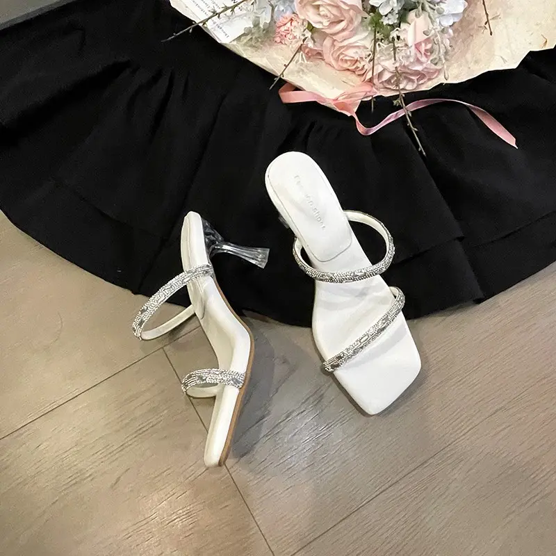 Women's Block Heel Slippers Women's Summer New Vintage Suede Square Toe Square Heel Strap Sandals